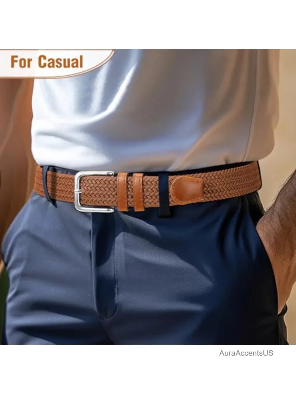 Men's Elastic Woven Stretch Belt with Alloy Buckle for Golf Casual Jeans, Fits